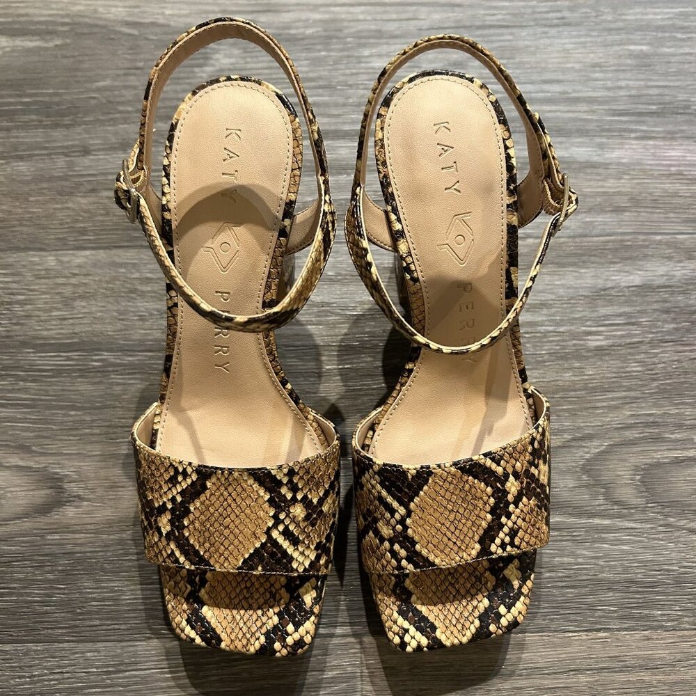 Katy Perry Size 7 37 Square Platform Sandals Snake Print Brown Tan Chunky Heels - Picture 6 of 16